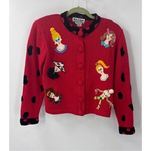 Jack B. Quick Vintage Cardigan Red "Women Print Design" Trim Buttons Size S